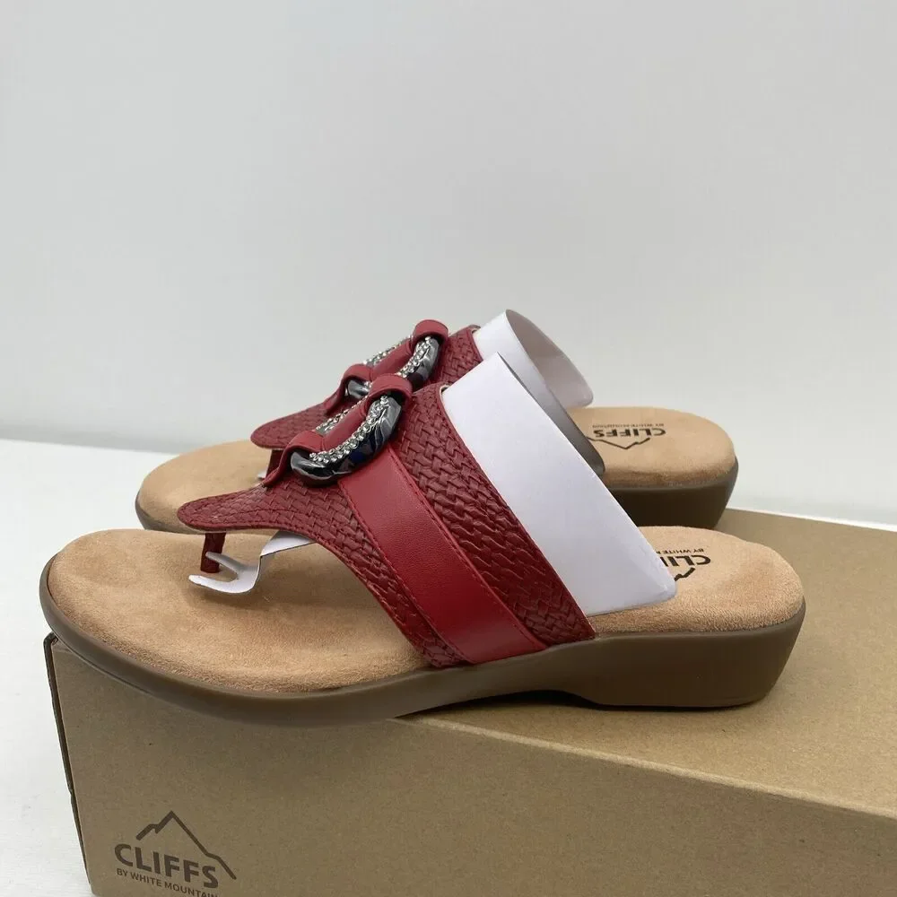 CLIFFS BY WHITE MOUNTAIN Women's Benedict Mini Wedge Sandal, Red/Woven, 7